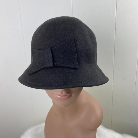 Charcoal Gray 100% Wool Cloche Hat w/ Bow main image 4